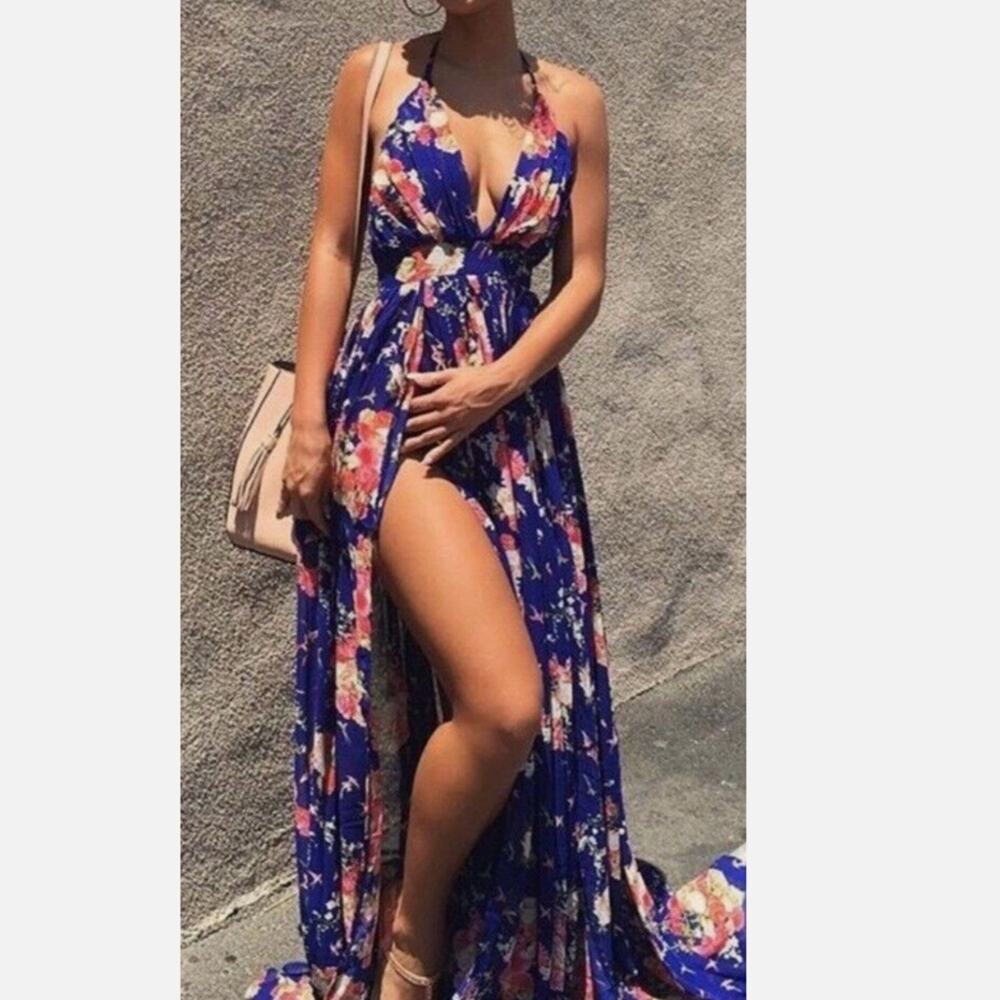 FEMME LA Floral Maxi‎ Dress Deep V-Neck Halter High Slit, XS